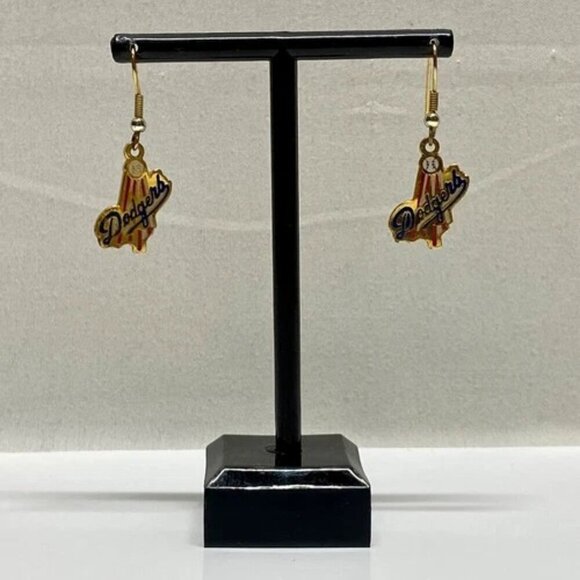 LA Dodgers Baseball Earrings Vintage Official MLB 1989 Gold Dangle Hook Pierced - Picture 1 of 15